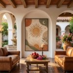 Abstract Boho Sunburst Wall Art above bed