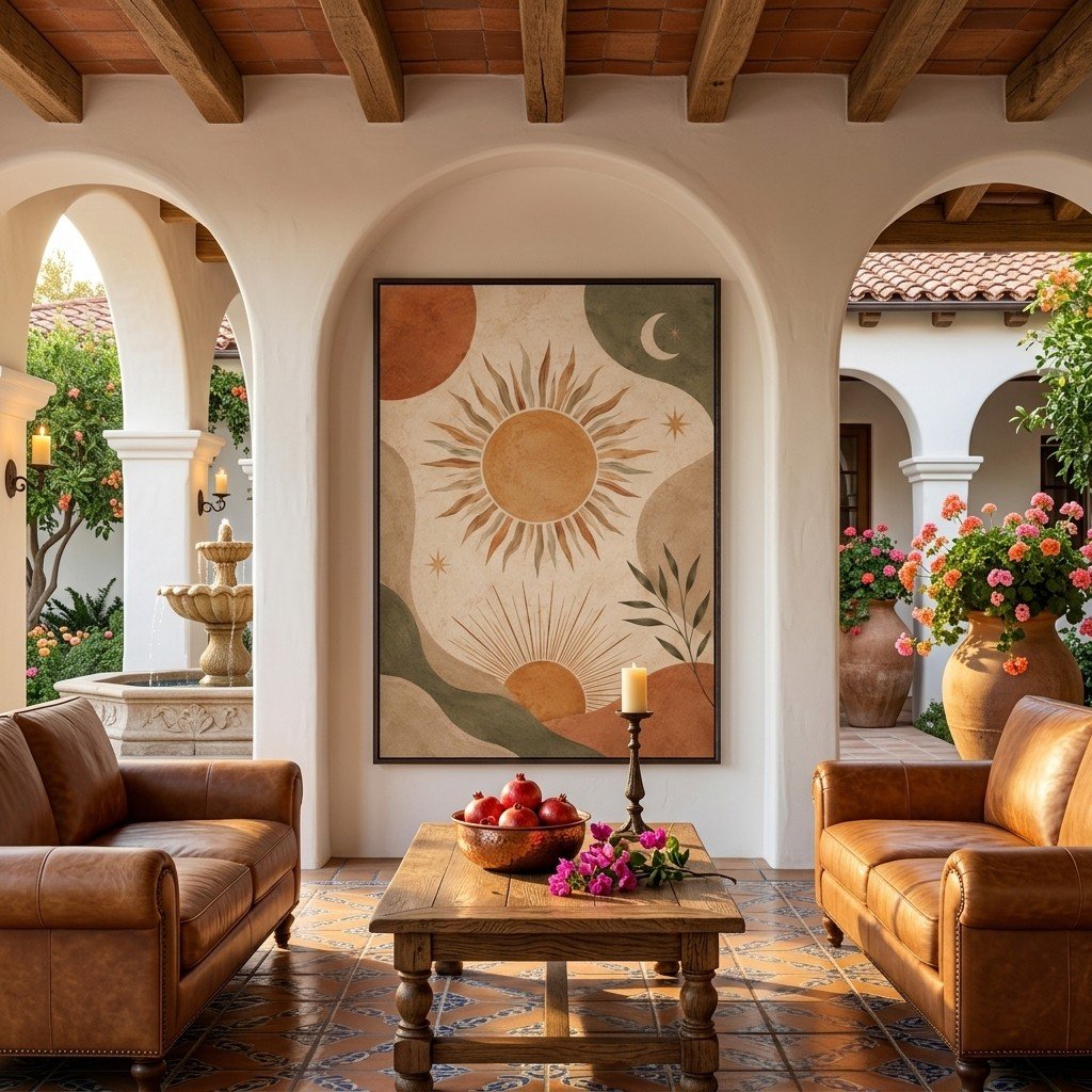 Abstract Boho Sunburst Wall Art above bed