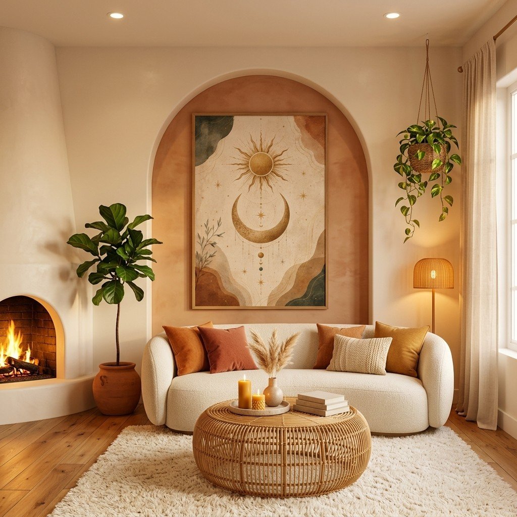 Boho Sun And Moon Wall Art Print above neutral modern bedroom