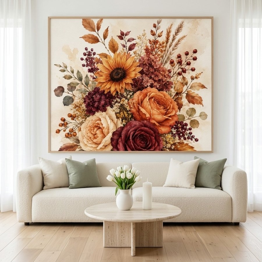 Burnt Orange Floral Watercolor Print Rustic Autumn Wall Art