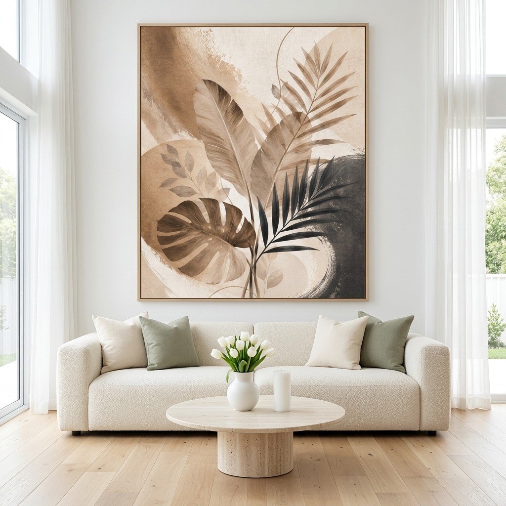 Contemporary Botanical Print Beige Mocha Scandinavian Decor