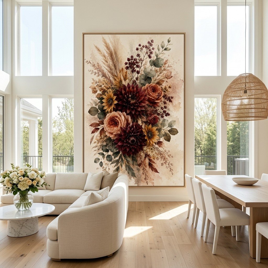 Dark Floral Watercolor Print Burgundy Dahlia Botanical Wall Art