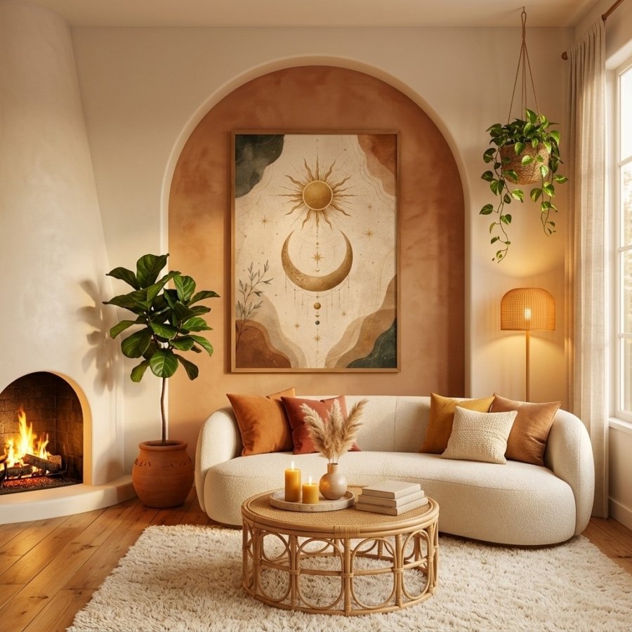 Framed Boho Sun And Moon Wall Art Print in minimalist living room