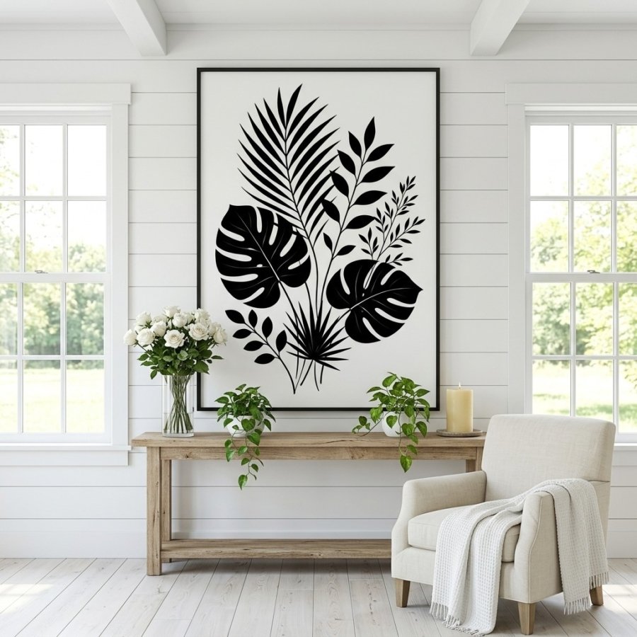 Minimalist Botanical Leaf Print Black White Printable Wall Decor