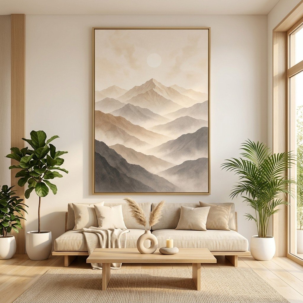 Modern Neutral Nature Wall Art Misty Mountain Illustration
