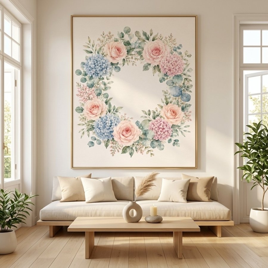 Romantic Watercolor Floral Wreath Wall Art Hydrangea Rose Print
