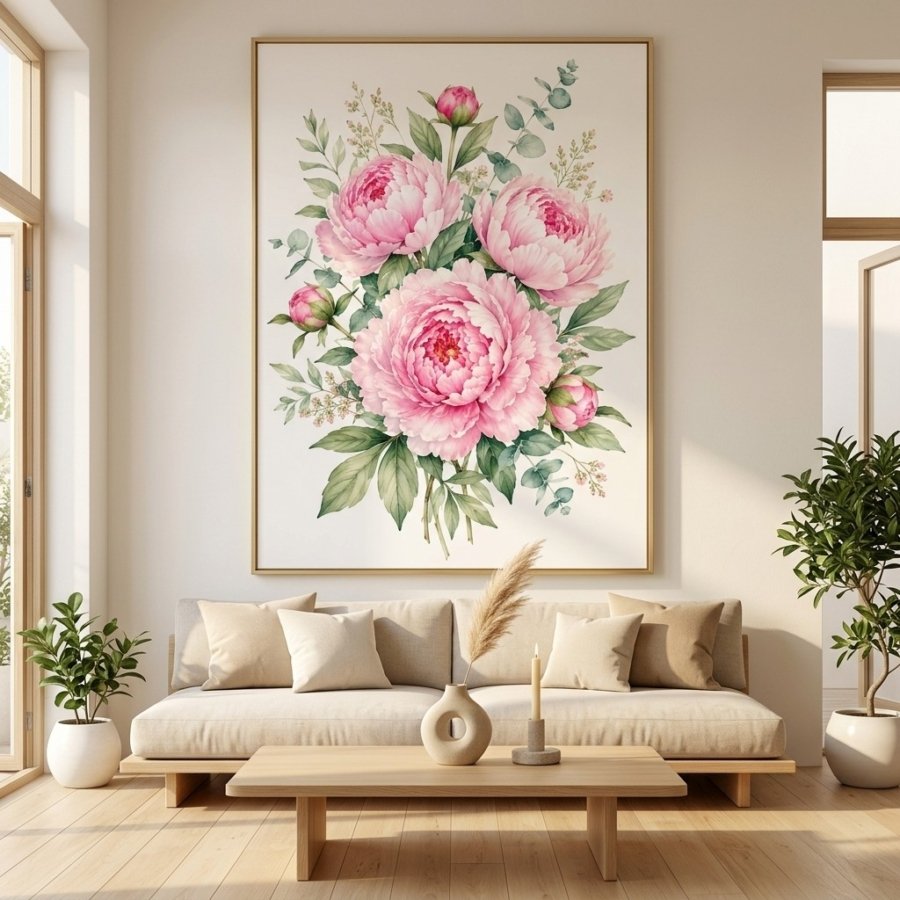 Soft Pink Peony Watercolor Wall Art Print Elegant Floral Bouquet Printable Decor