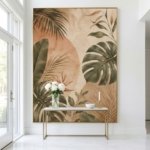 Tropical Boho Botanical Wall Art above neutral sofa