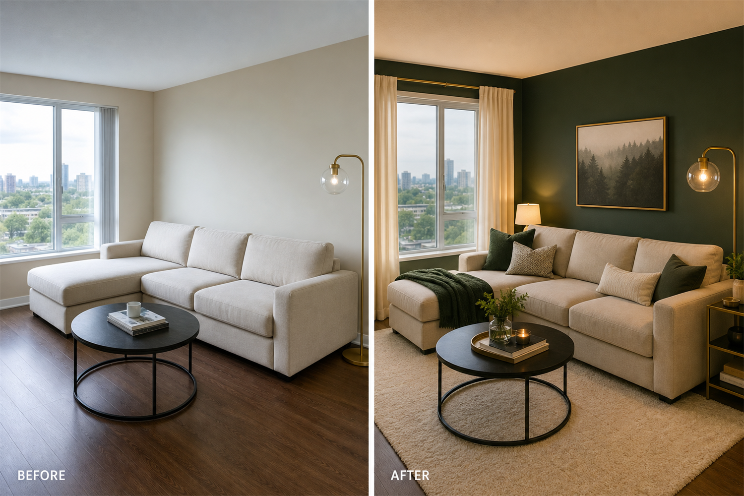 Before and after of the same living room re-dressed on a $500 budget