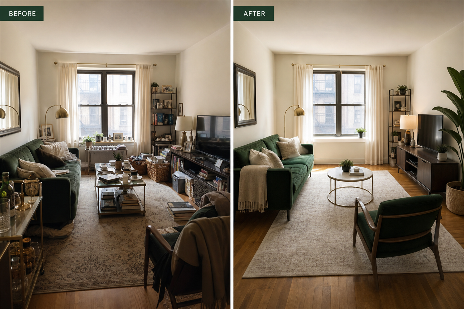 Living room decluttered and rearranged into a cleaner, more open layout