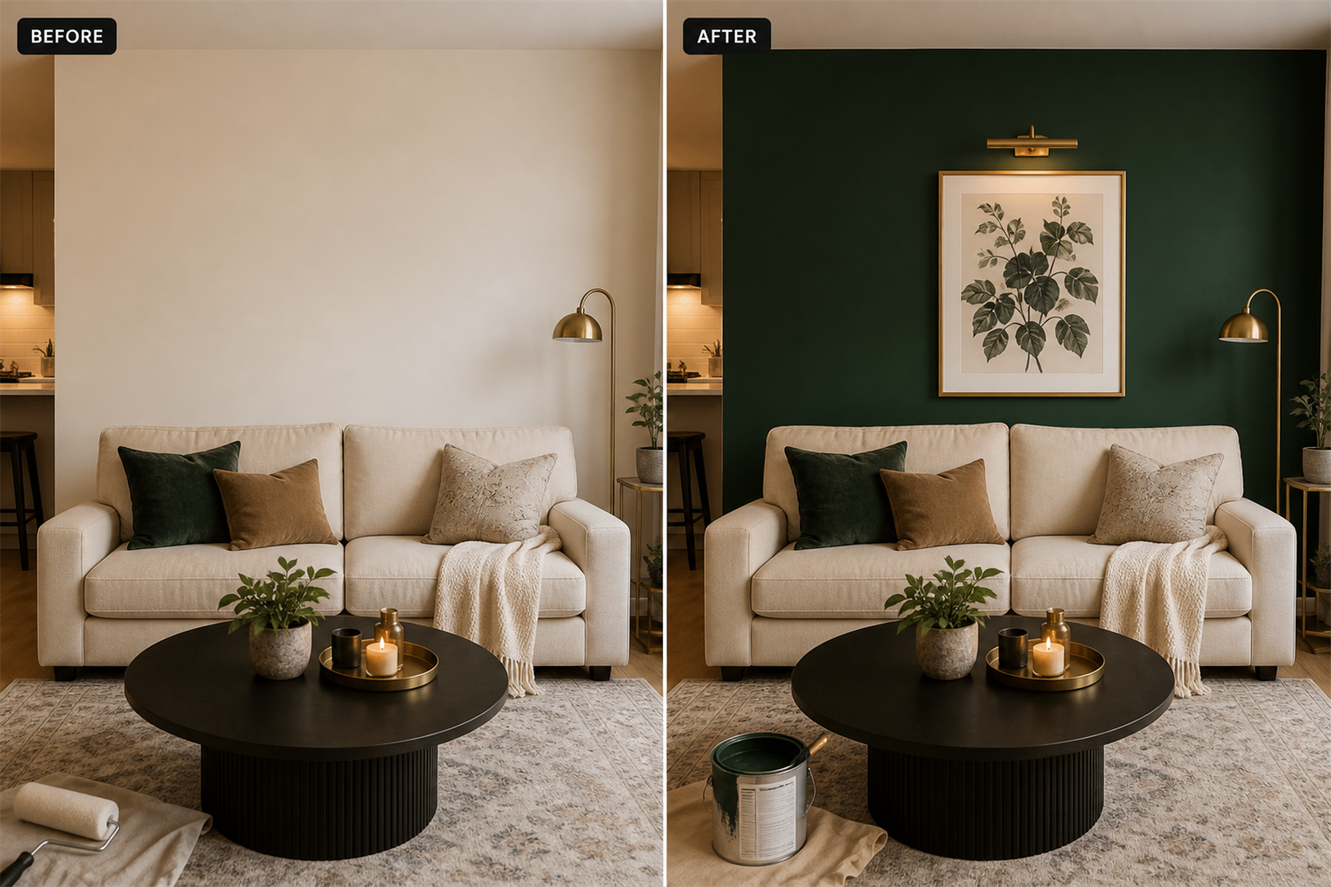 A living room feature wall painted a deep forest green as a budget upgrade