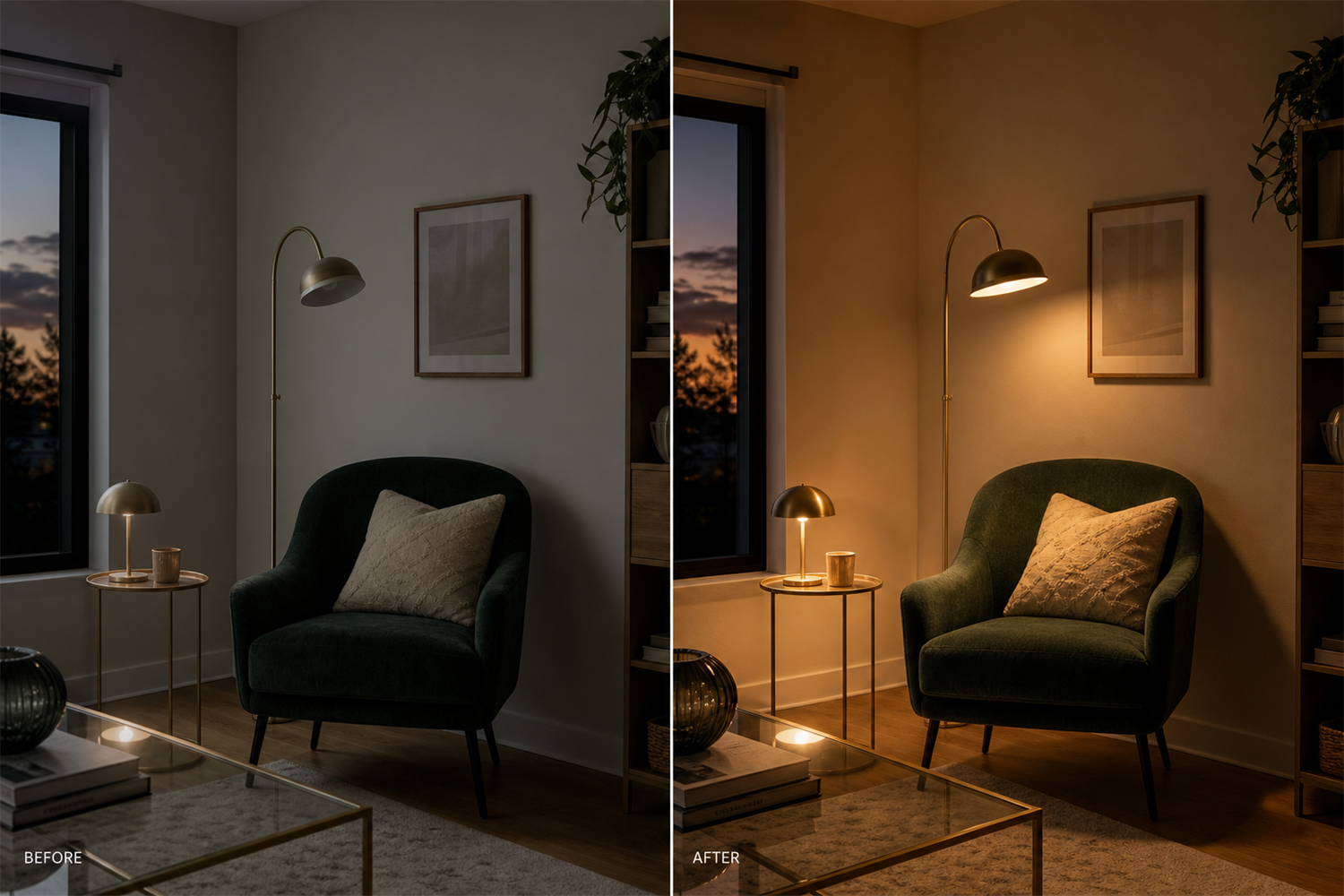 Warm, layered lighting from a table lamp and floor lamp in a cozy living room corner