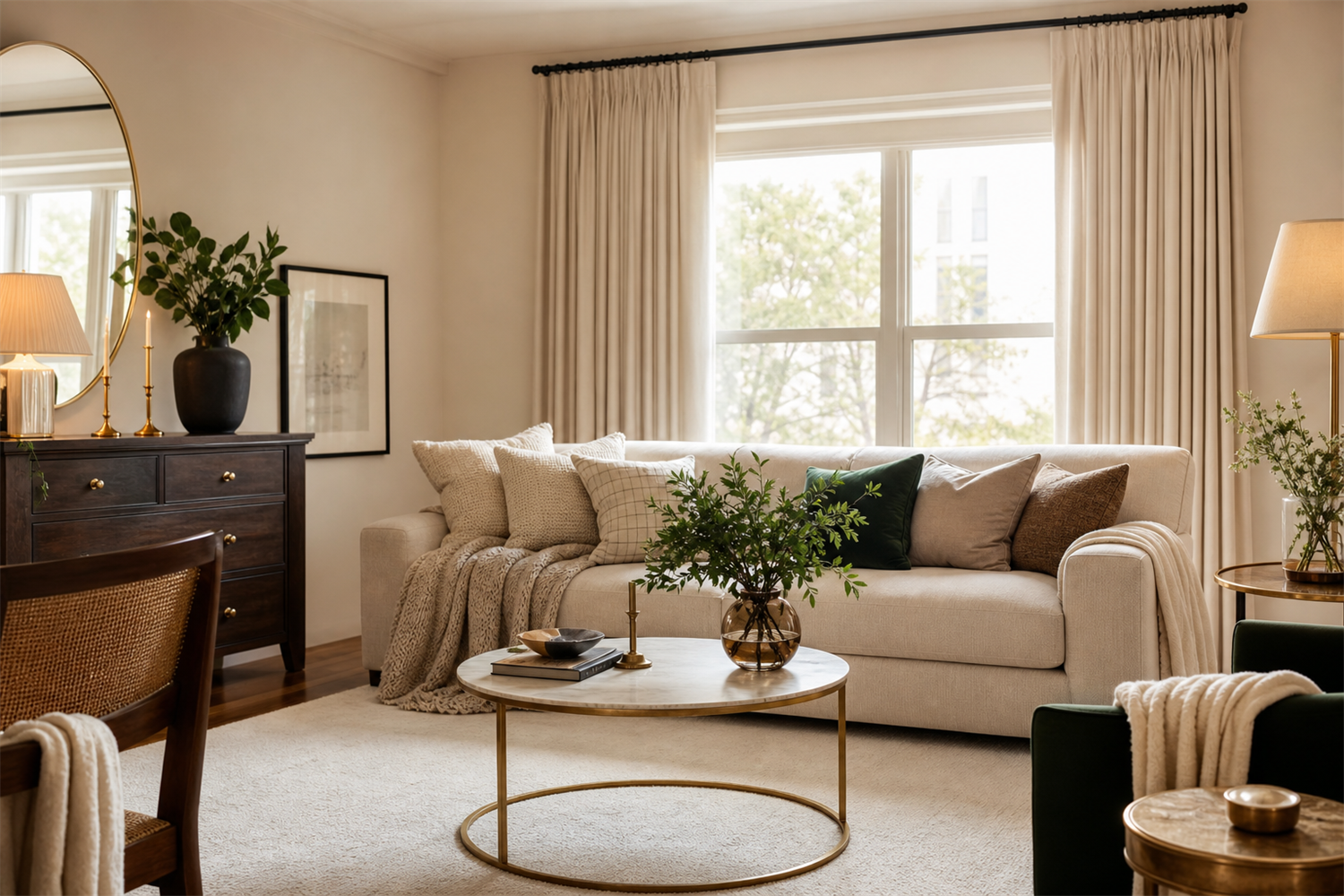 Living room warmed with a large area rug, tall cream curtains and layered cushions