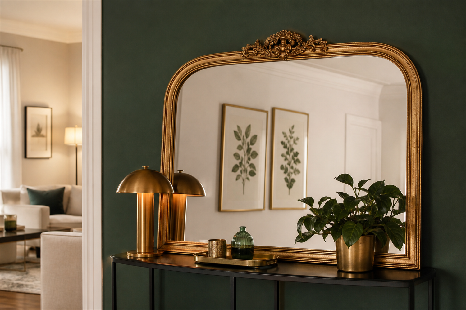 Styled vignette with framed botanical art, an oversized gold mirror and a console table