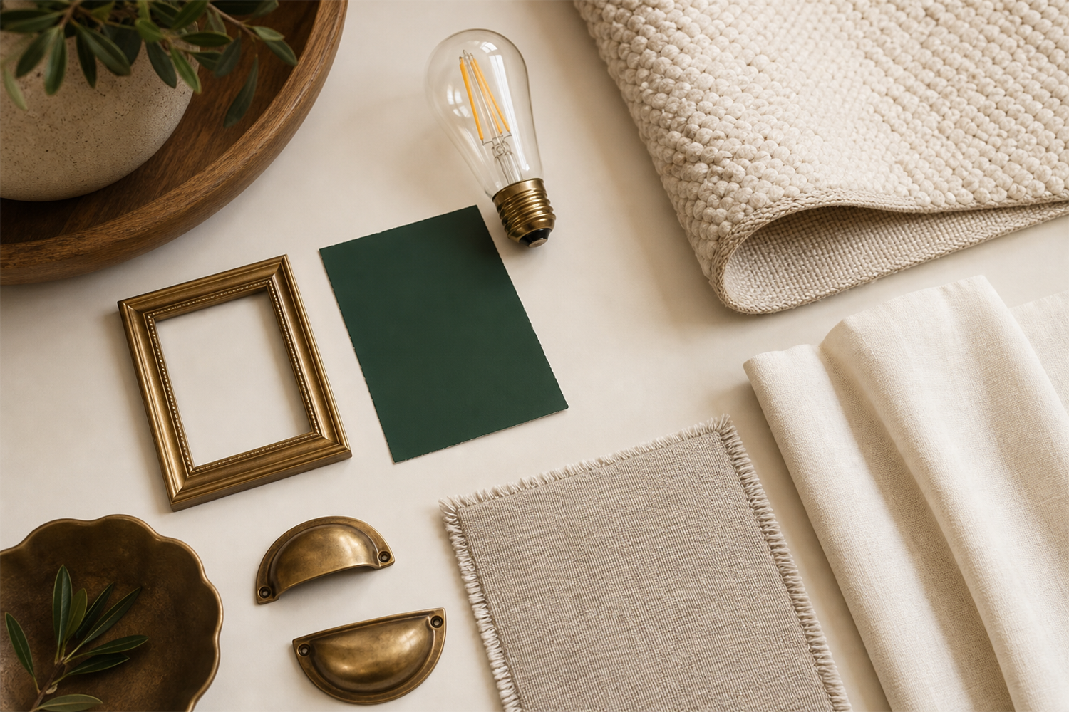 Flat-lay of $500 room makeover essentials: paint swatch, bulb, rug, curtain fabric, frame and hardware